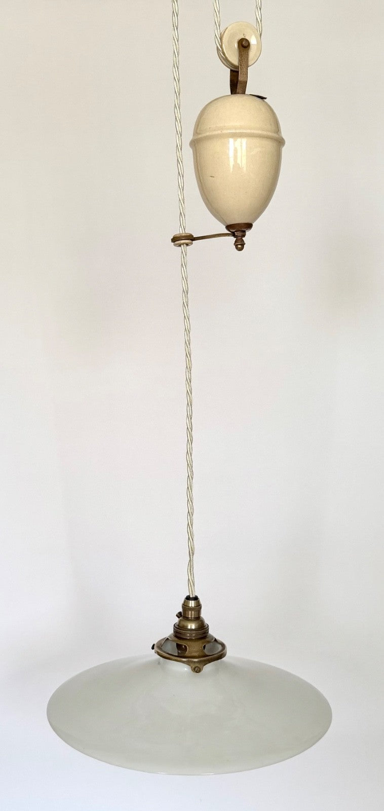 Antique original French rise & fall ceiling light opaline coolie glass shade T2