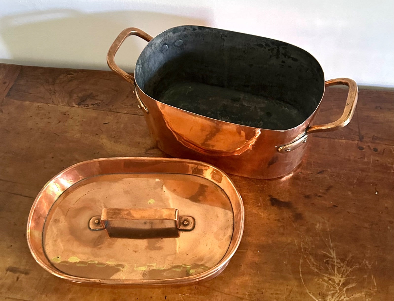 Antique French copper braisière 18thC daubière 41cm dovetail roasting pan10