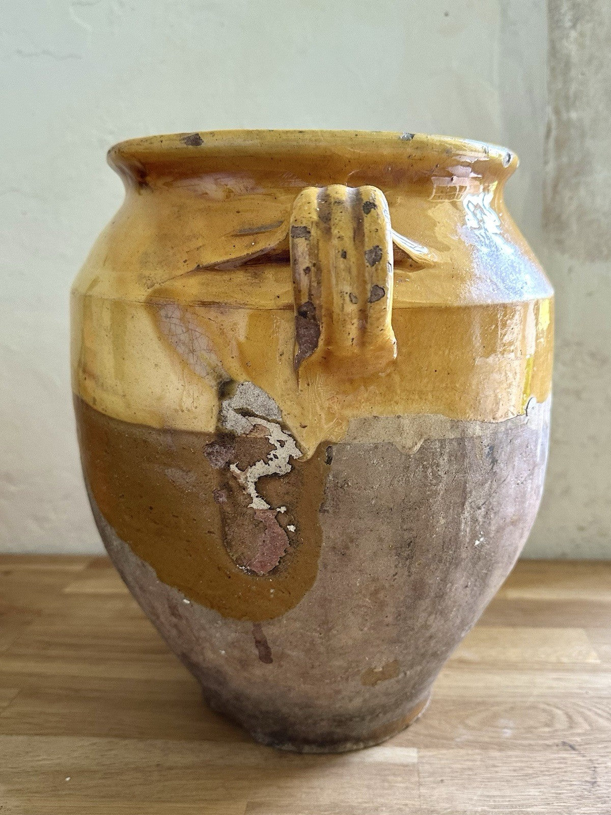 Large antique French Terracotta Provence Confit Jar Pot 19thC Yellow Glaze 28cm3