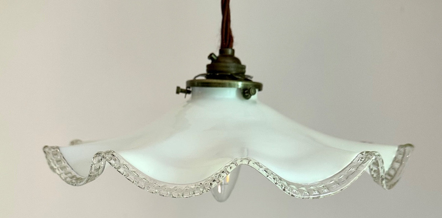Vintage French wavy opaline glass ceiling light shade coolie white + fittings2