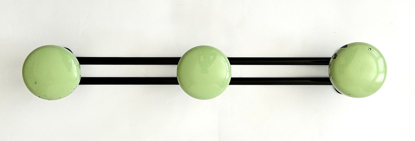 Row vintage French coat hooks pegs 43cm round green midcentury 50s 60s retro1
