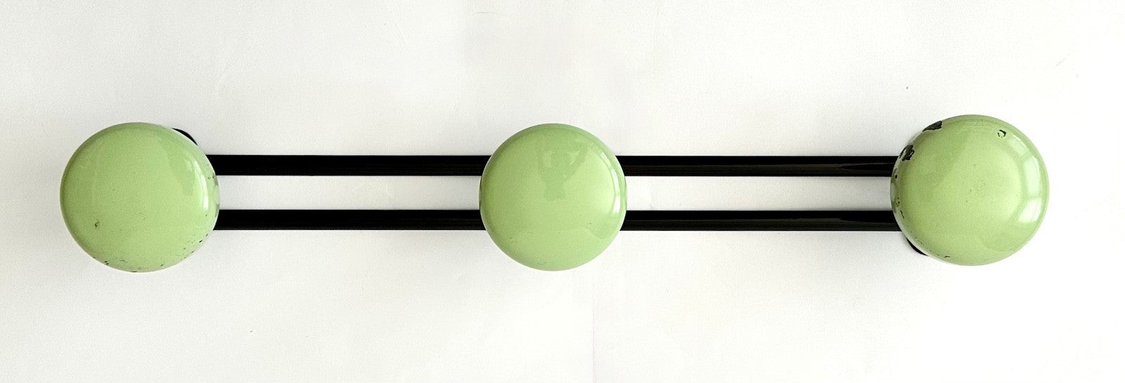 Row vintage French coat hooks pegs 43cm round green midcentury 50s 60s retro1