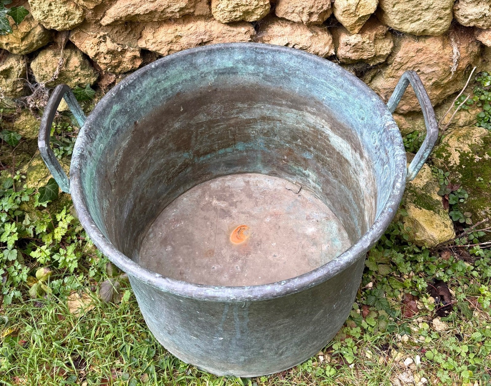 Large Antique French Copper Planter Handled Weathered Verdigree Tub Pot Log Bin3