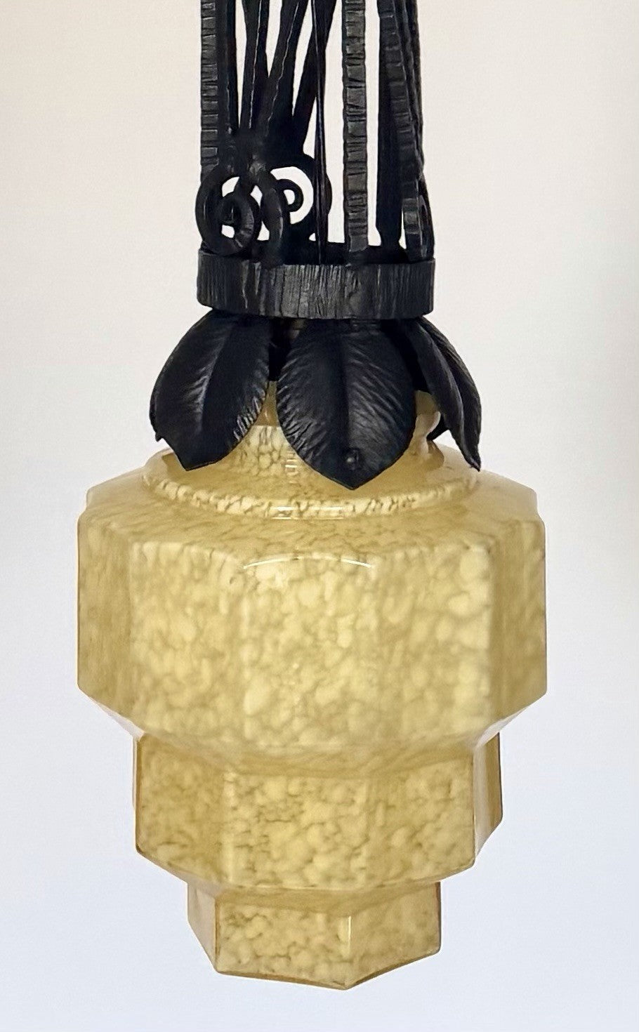 French Art Deco Skyscraper Marbled Stepped Glass & Iron Pendant Ceiling Light0