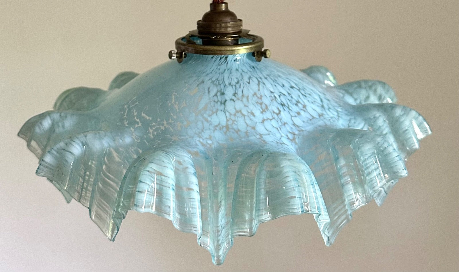 Vintage French marbled glass frilly coolie light shade blue + brass fittings5