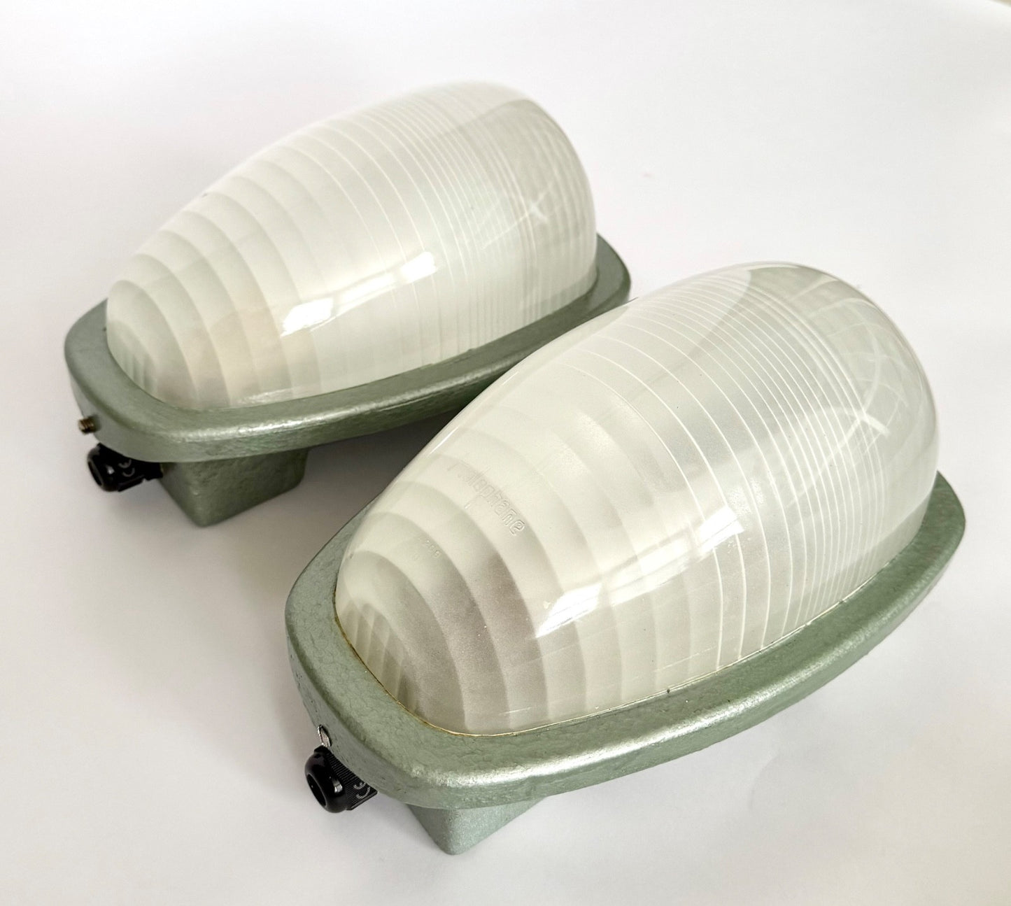 Pair Holophane Industrial Wall Light Sconces French 1950s Metal Glass AE2005