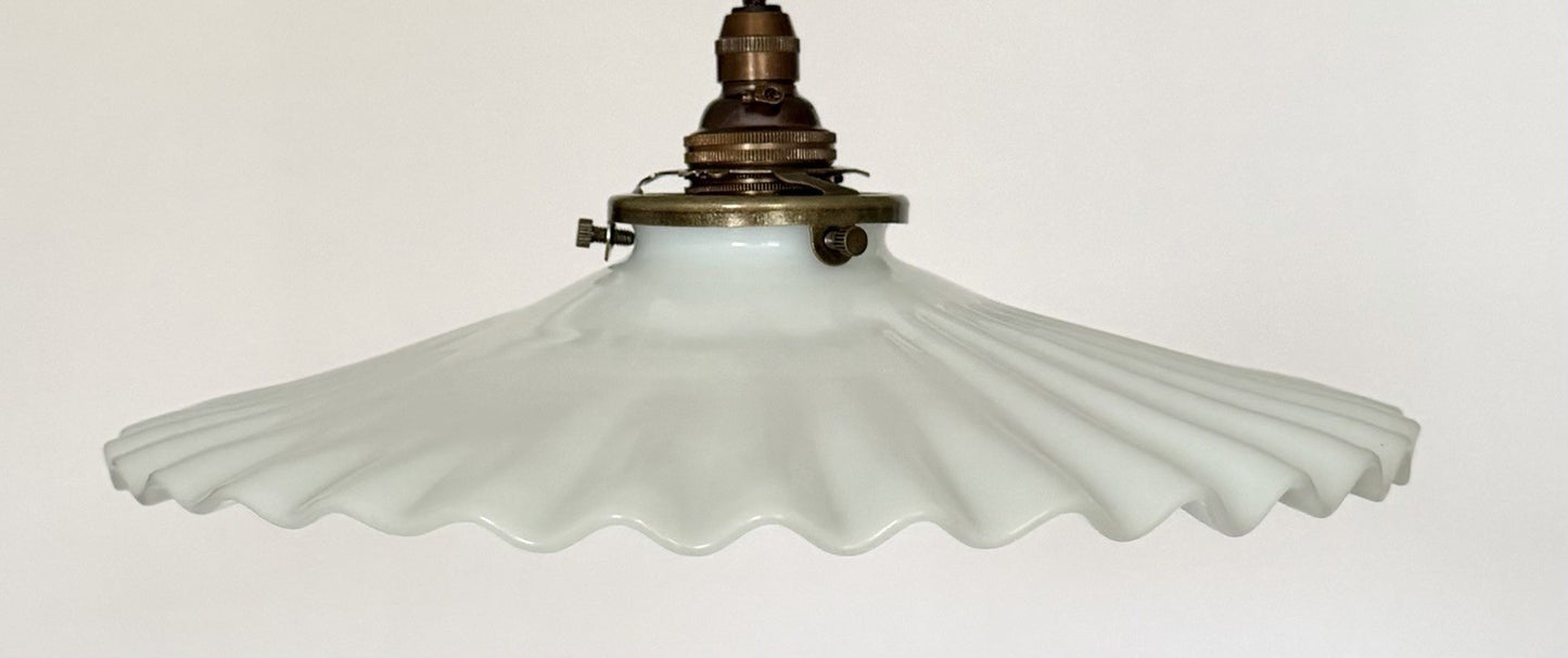 Vintage original French opaline milk glass pleated coolie light shade + fittings0