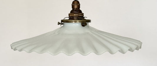 Vintage original French opaline milk glass pleated coolie light shade + fittings0
