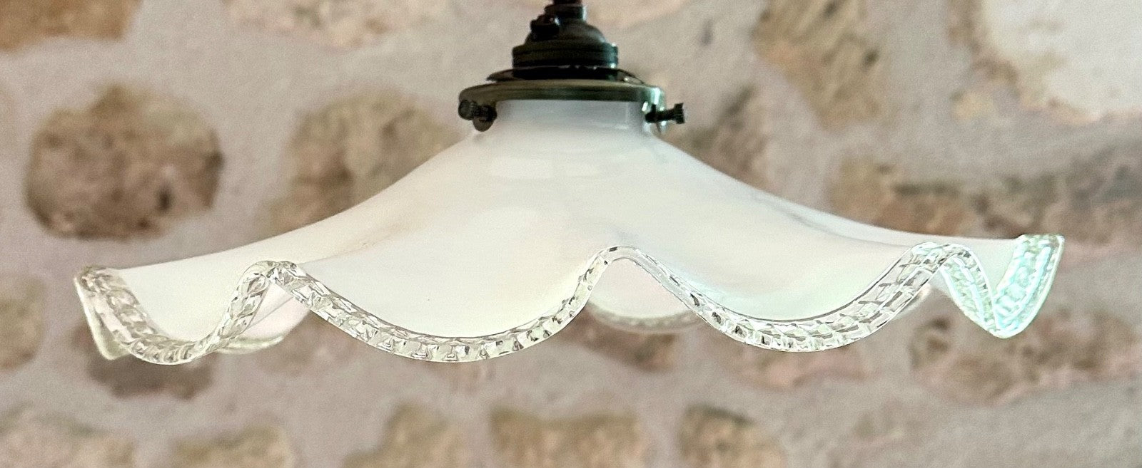 Vintage French wavy opaline glass ceiling light shade coolie white + fittings0