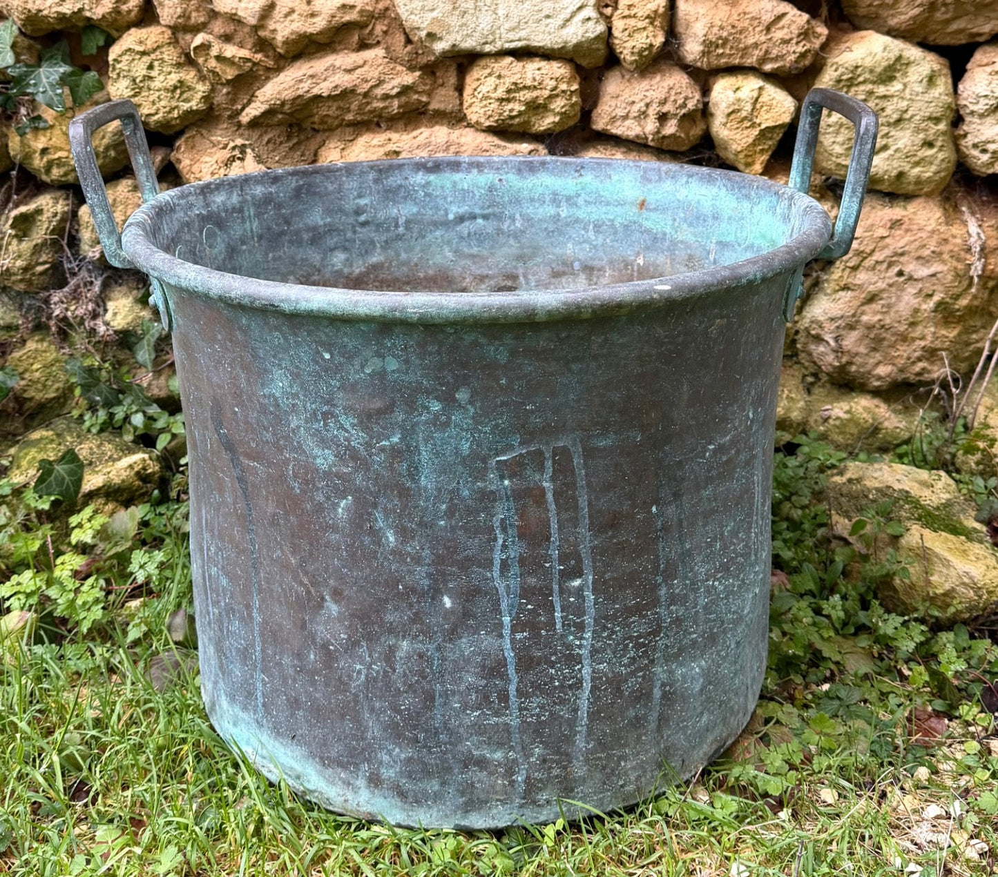 Large Antique French Copper Planter Handled Weathered Verdigree Tub Pot Log Bin5