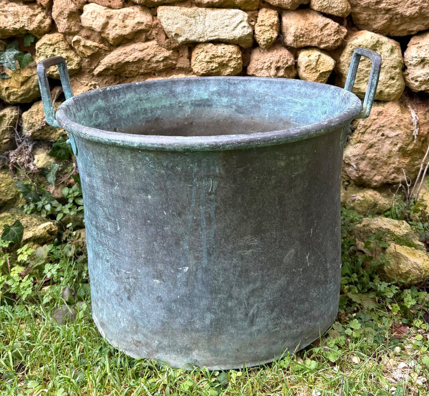 Large Antique French Copper Planter Handled Weathered Verdigree Tub Pot Log Bin1