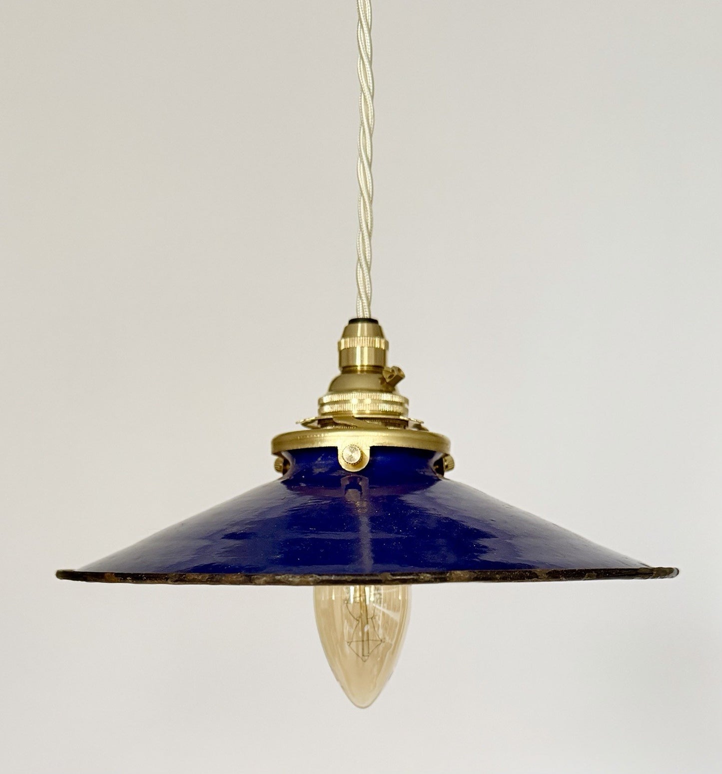 Vintage French blue enamel metal coolie ceiling light with ivory twist flex A3