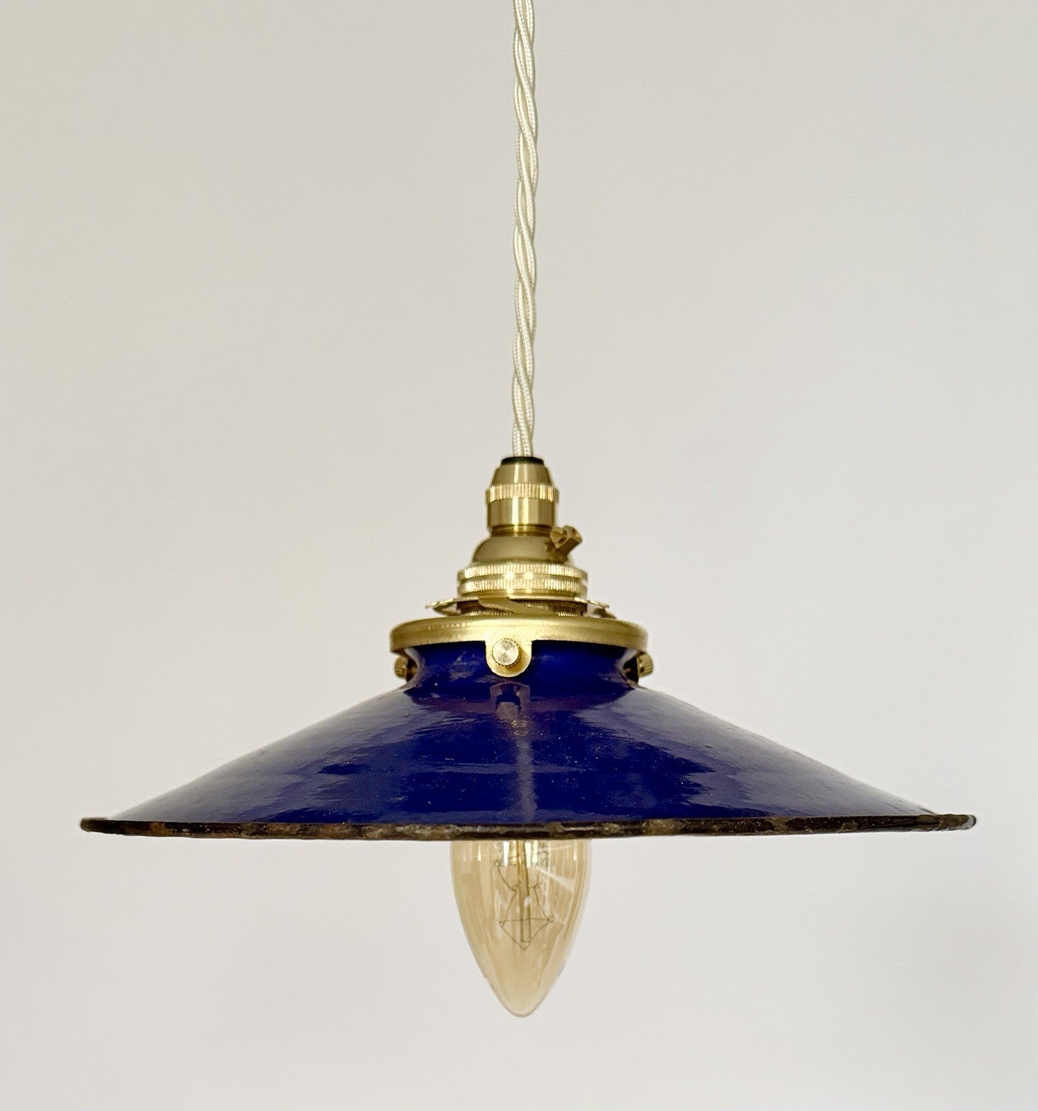 Vintage French blue enamel metal coolie ceiling light with ivory twist flex A3