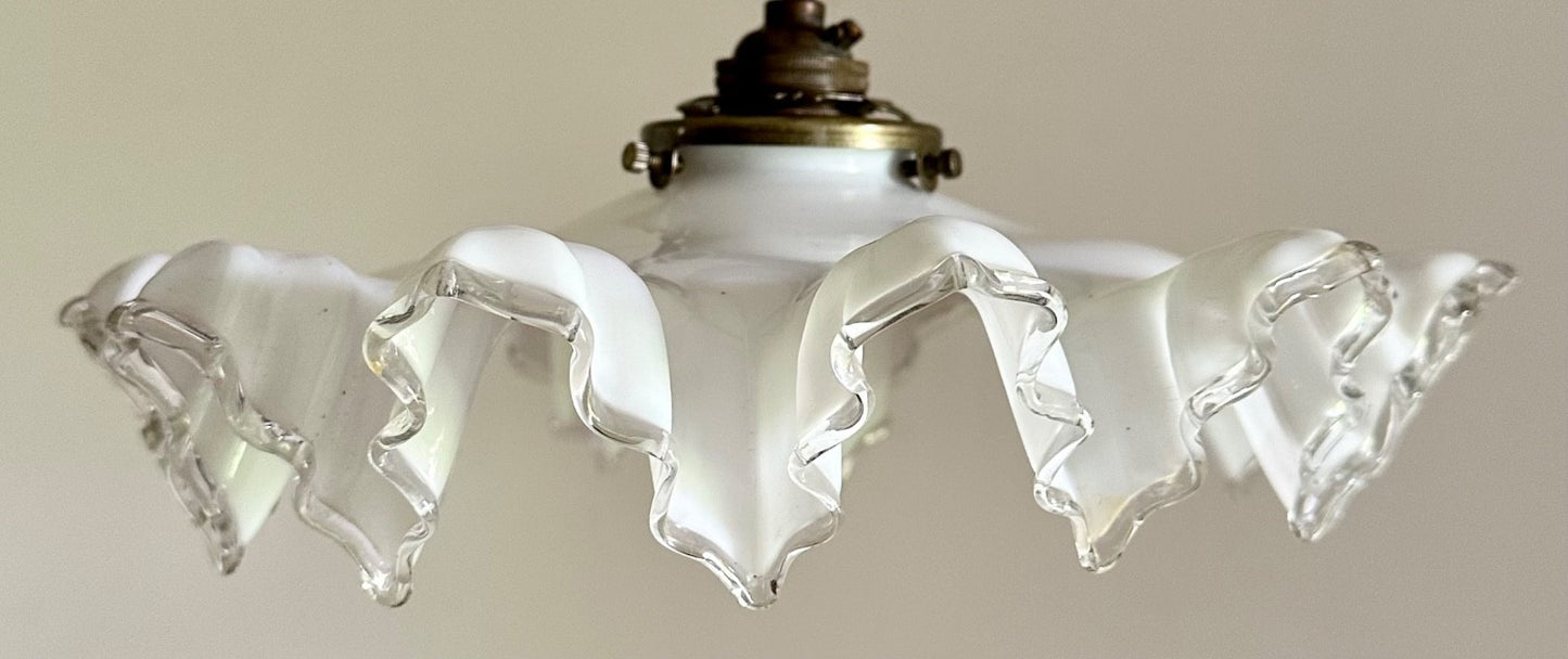 Vintage French opaline glass frilly coolie ceiling light shade white + fittings2