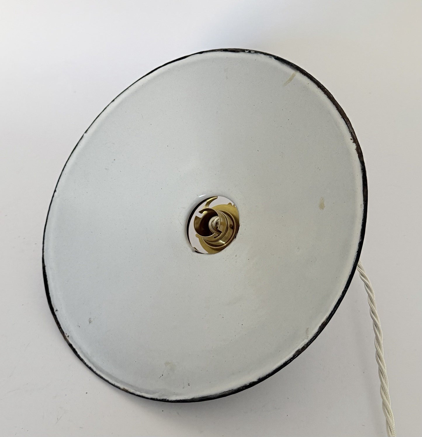 Vintage French blue enamel metal coolie ceiling light with ivory twist flex B4