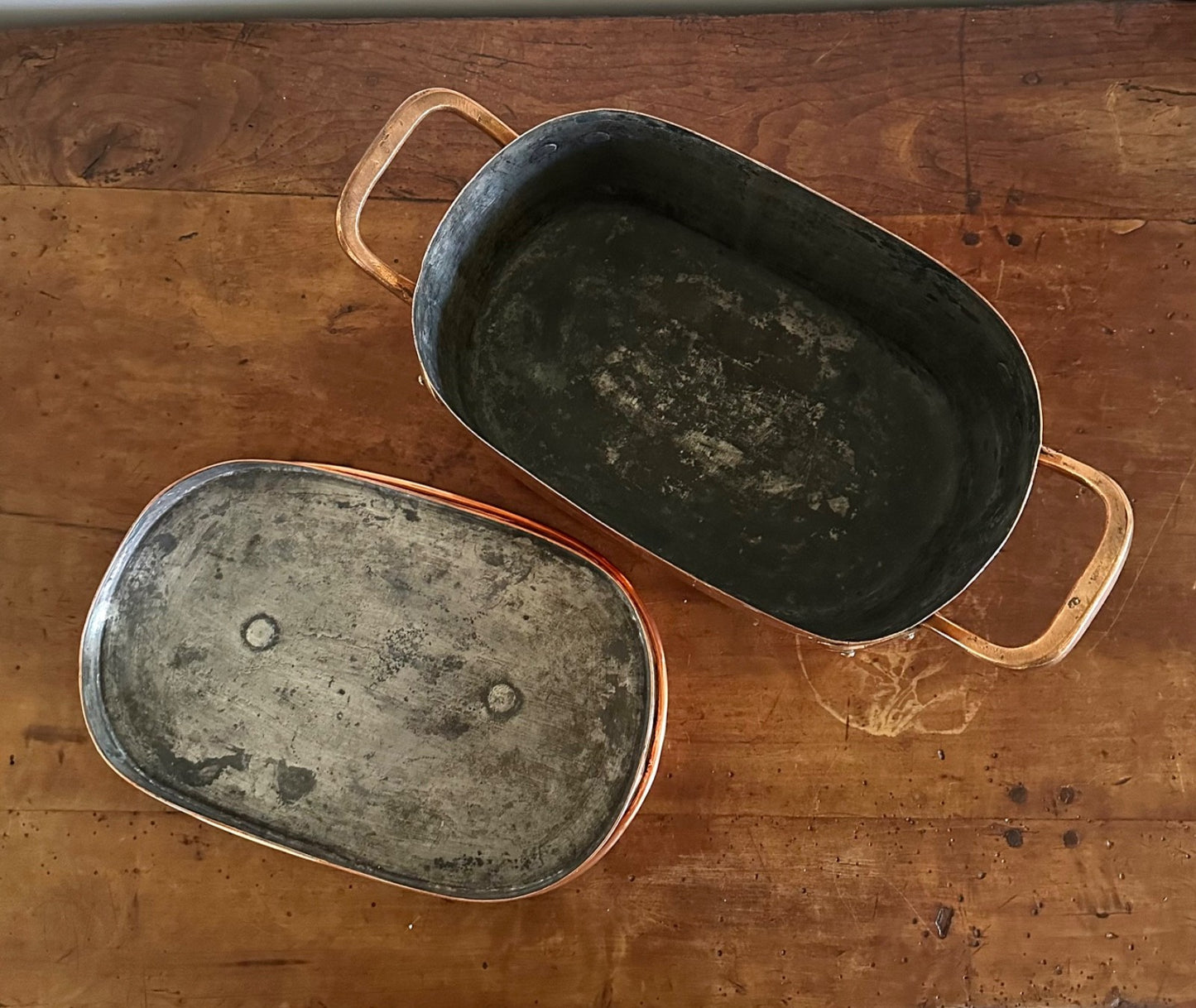Antique French copper braisière 18thC daubière 41cm dovetail roasting pan9