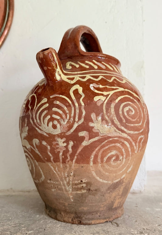 Antique French Saône terracotta gargoulette jug pitcher decorated slipware 19thC0