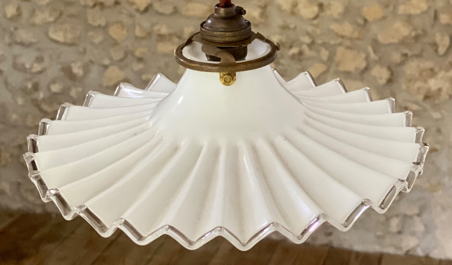 Vintage French pleated opaline glass ceiling light shade coolie white + fittings1