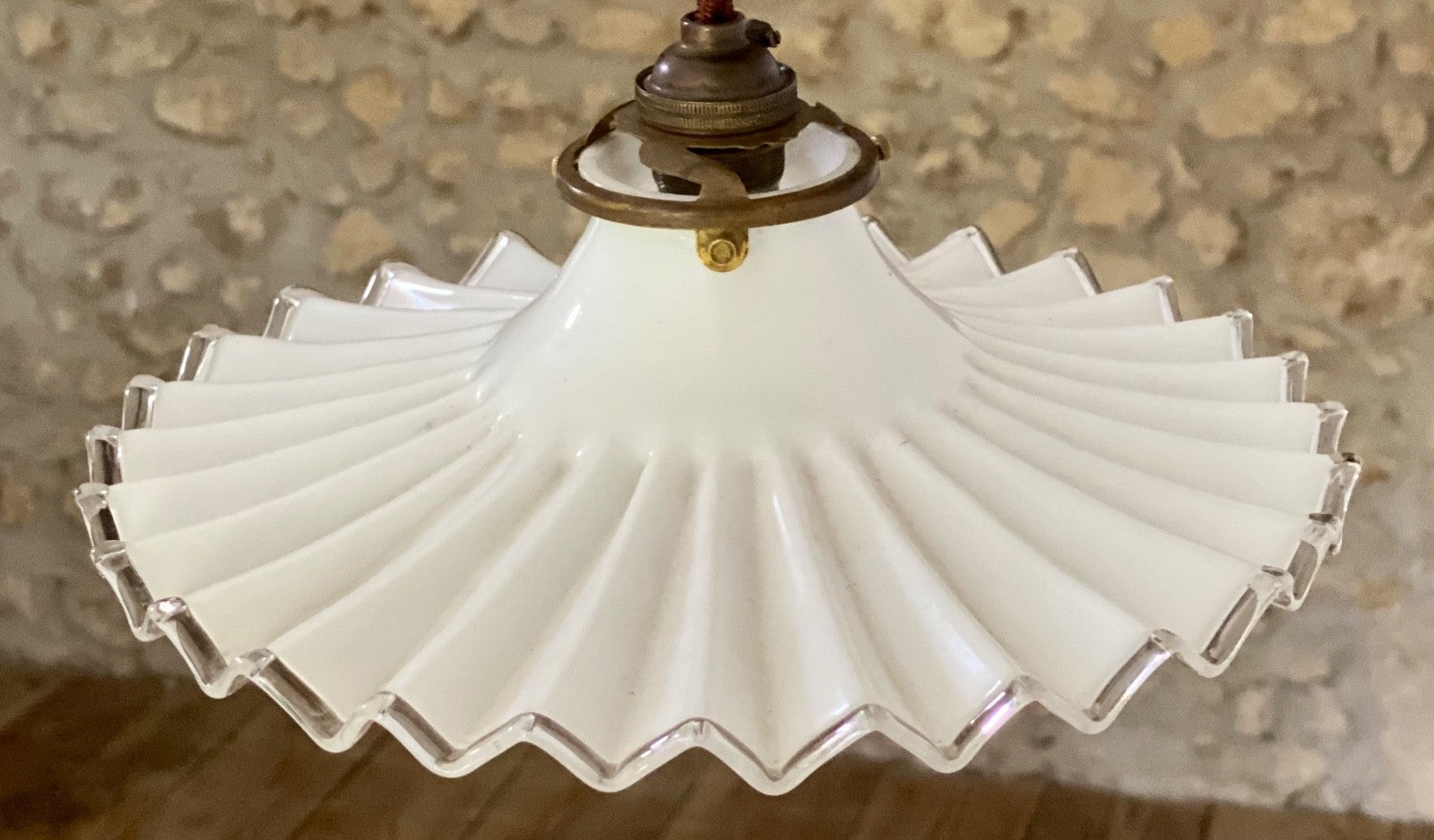 Vintage French pleated opaline glass ceiling light shade coolie white + fittings1