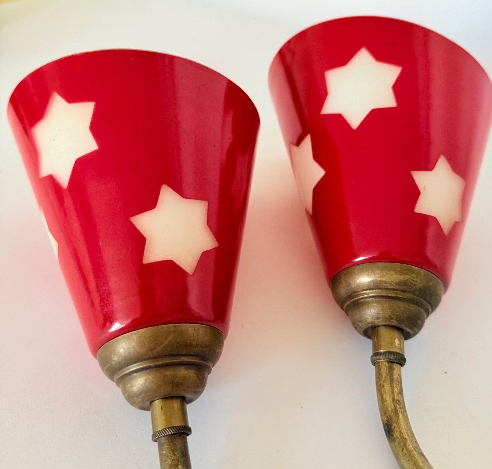 Pair vintage red glass wall lights brass stars ceramic rewired 1950s sconces5