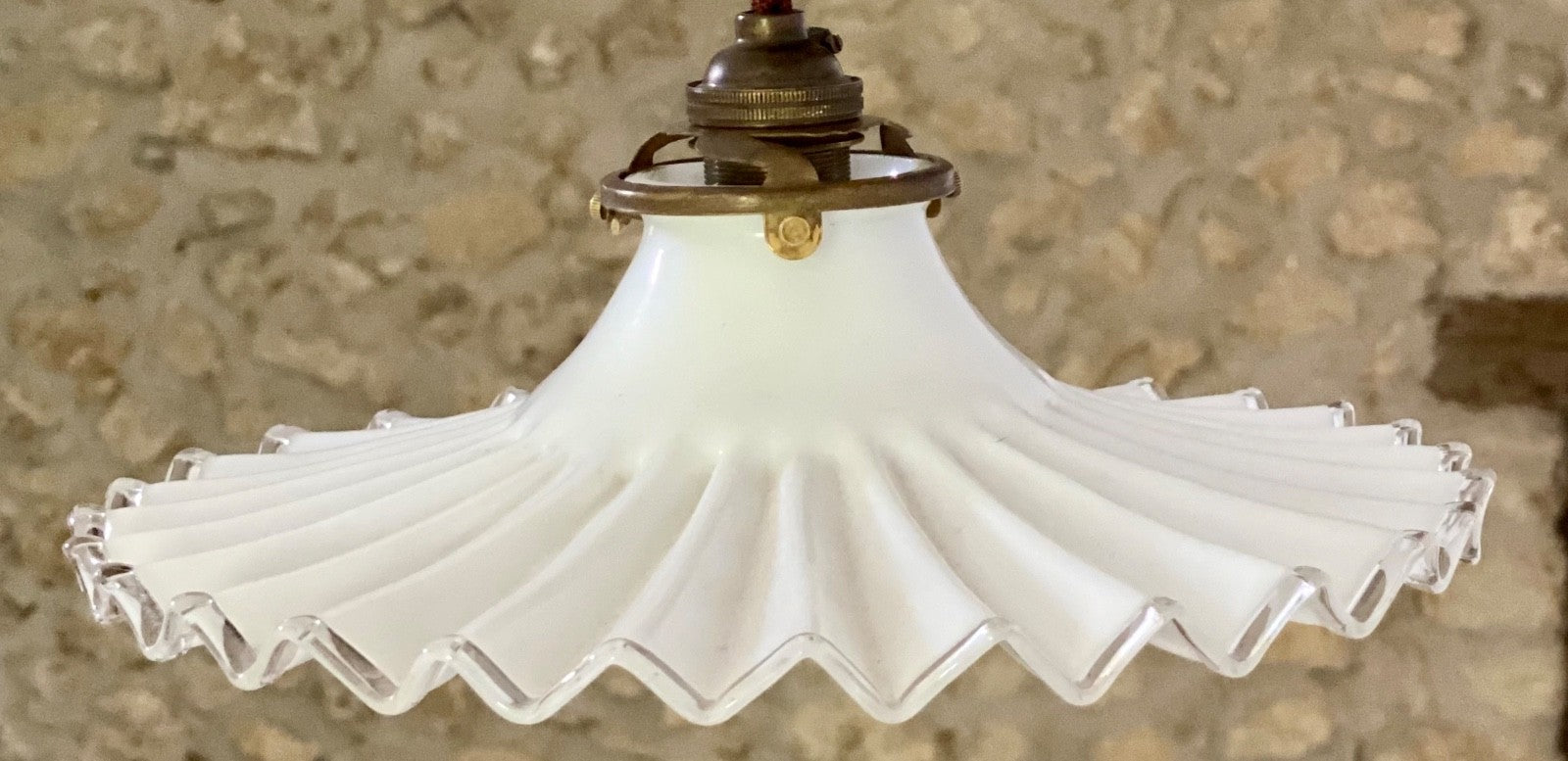Vintage French pleated opaline glass ceiling light shade coolie white + fittings0