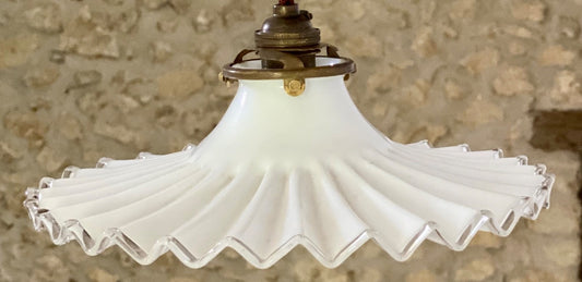 Vintage French pleated opaline glass ceiling light shade coolie white + fittings0