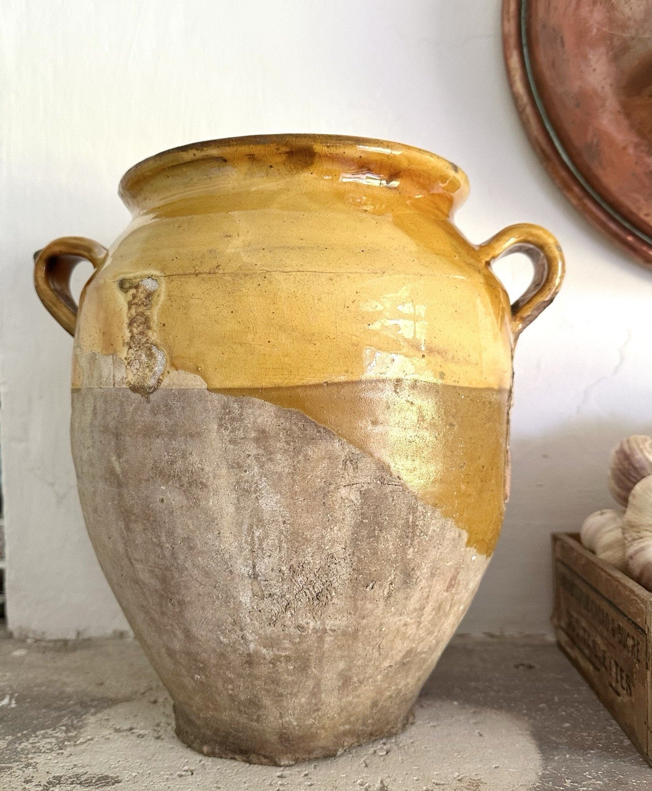 Large antique French Terracotta Provence Confit Jar Pot 19thC Yellow Glaze 28cm6