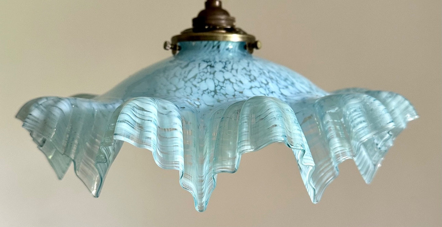 Vintage French marbled glass frilly coolie light shade blue + brass fittings0