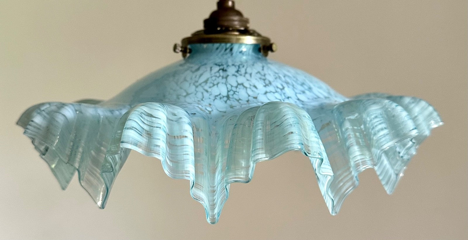 Vintage French marbled glass frilly coolie light shade blue + brass fittings0