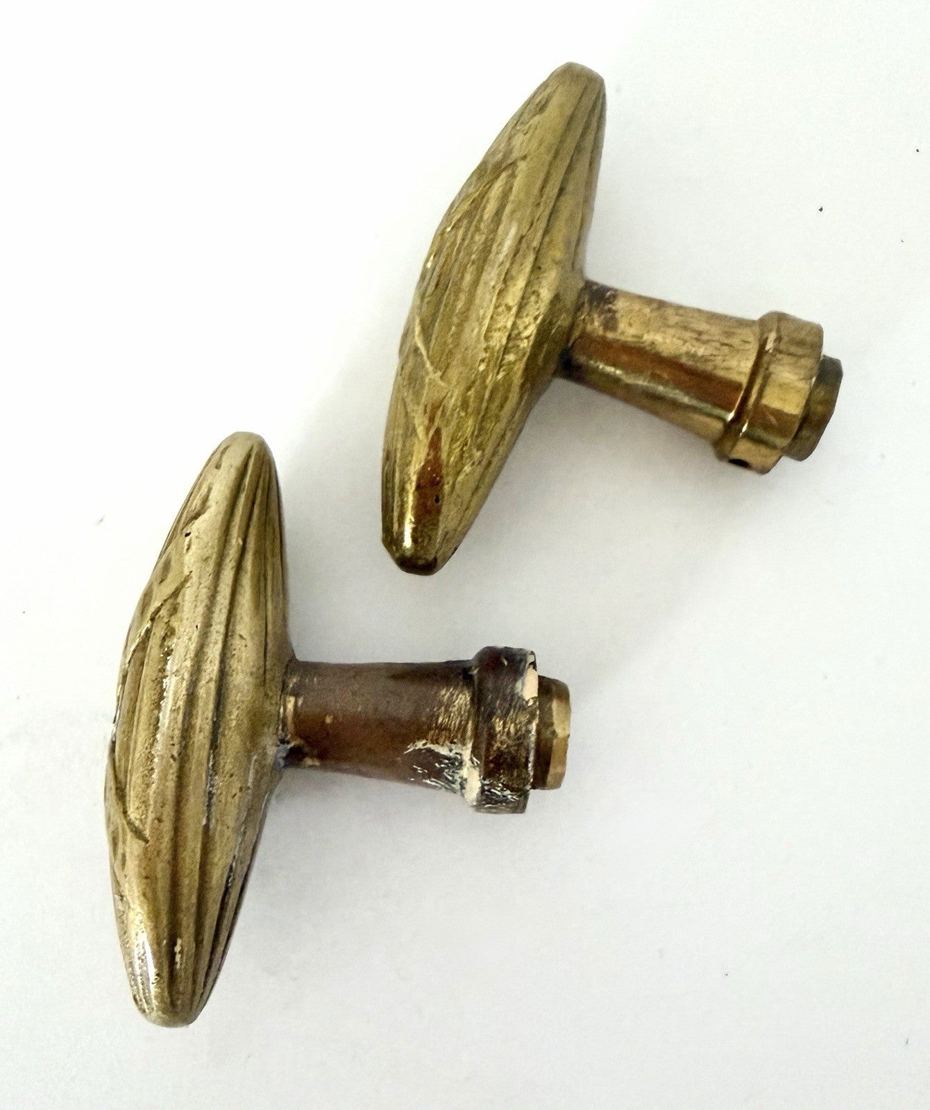 Pair Antique French Brass Knobs Handles Pulls Cabinet Reed & Ribbon 18th C1