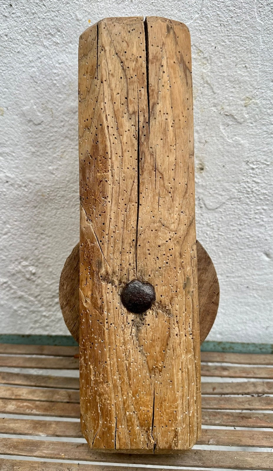 Large Antique Wooden Pulley & Block Oak Forged Iron French Barn Ship Folk Art3