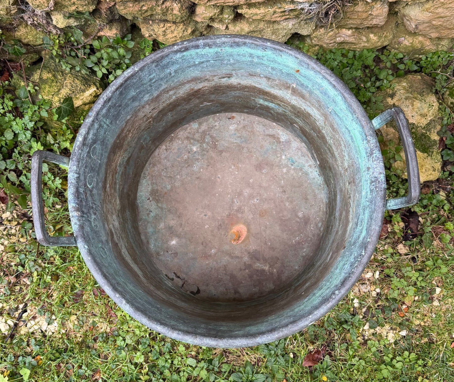 Large Antique French Copper Planter Handled Weathered Verdigree Tub Pot Log Bin7