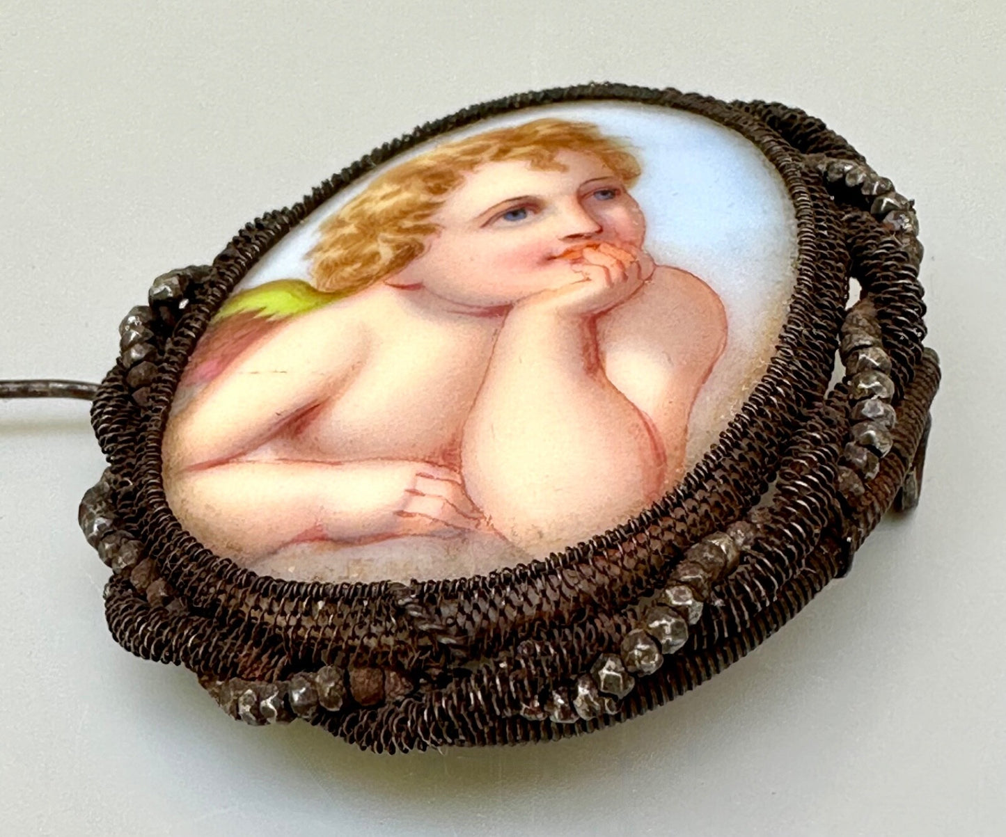 Antique Silesian wirework brooch handpainted cherub putti ceramic porcelain2