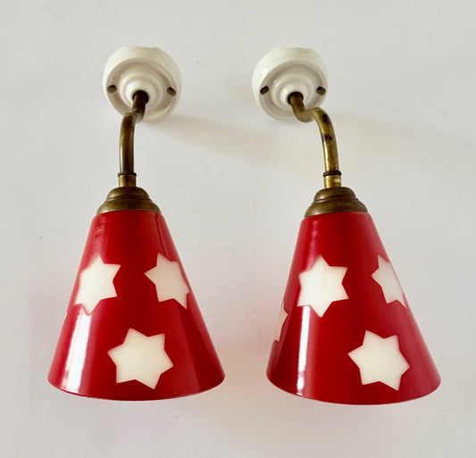 Pair vintage red glass wall lights brass stars ceramic rewired 1950s sconces0