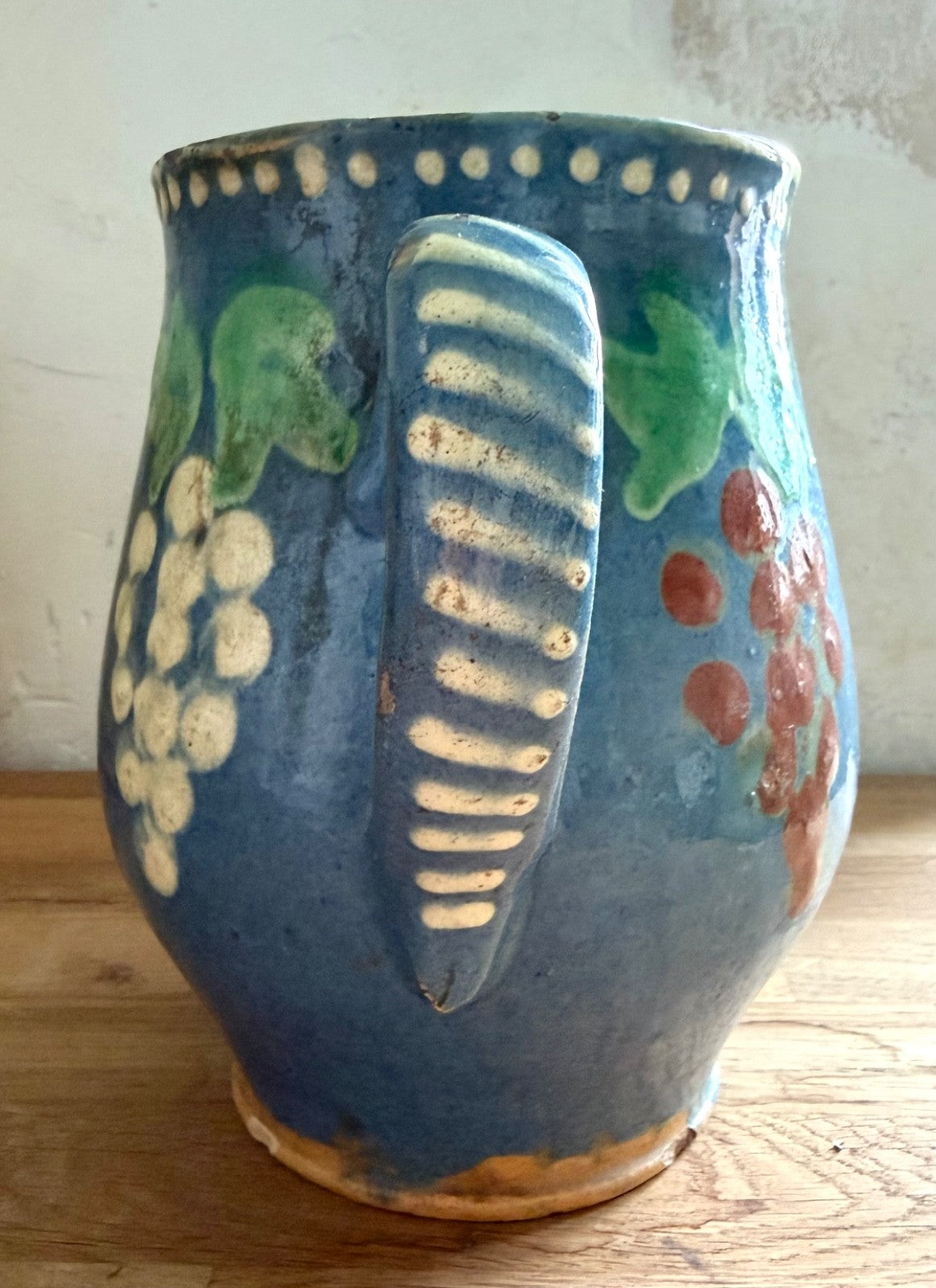Large Antique 19th C French Jug Alsace Savoie Terracotta Pitcher Blue Decorated2