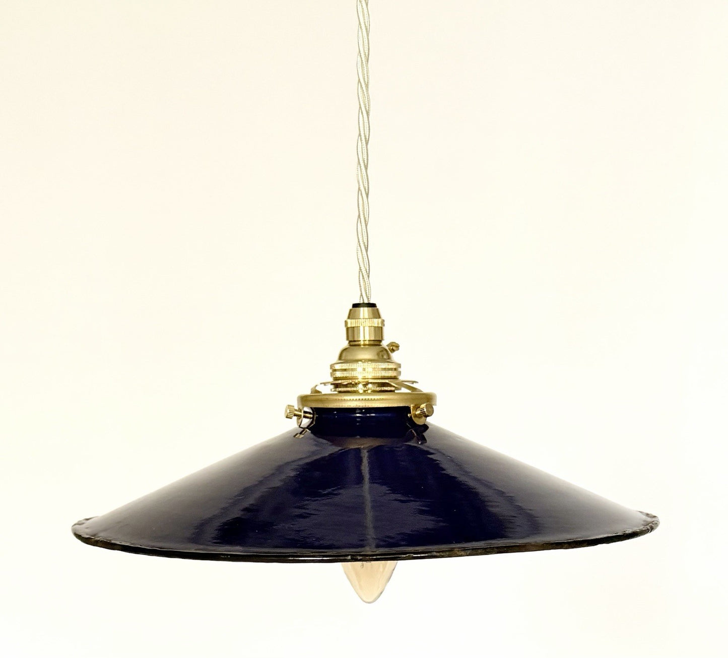 Vintage French blue enamel metal coolie ceiling light with ivory twist flex B2