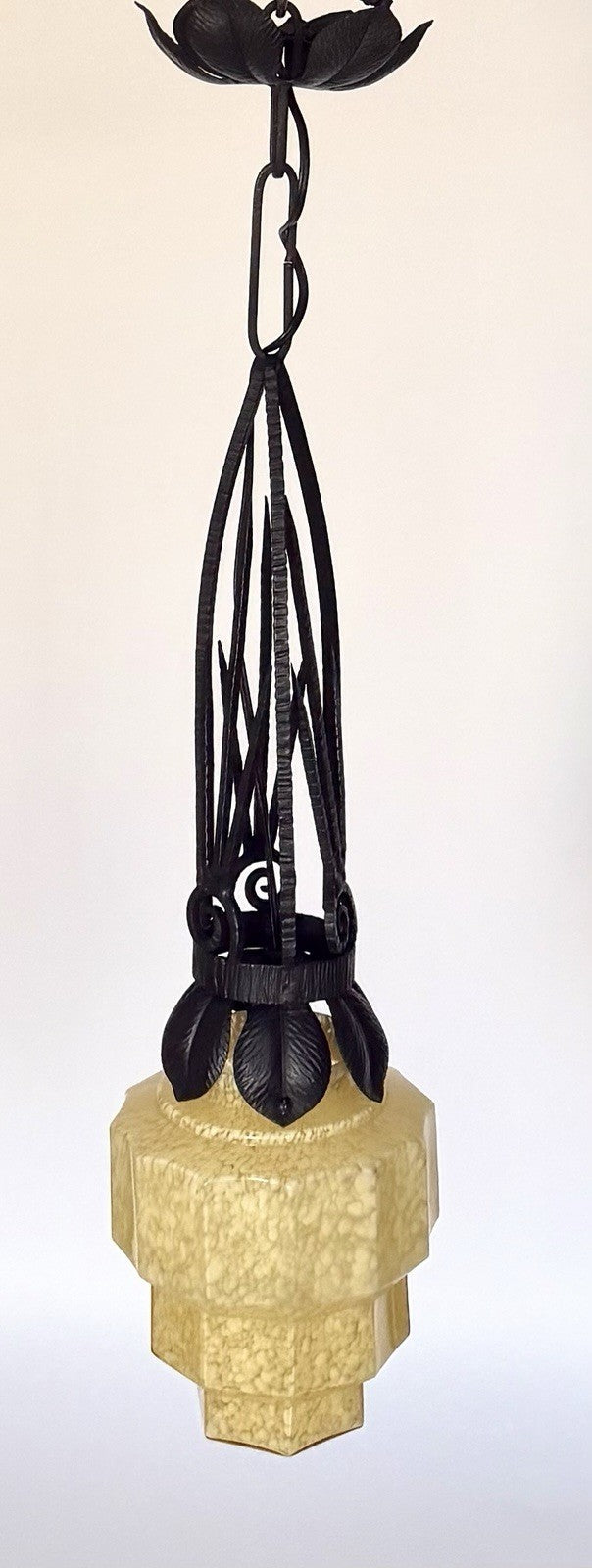 French Art Deco Skyscraper Marbled Stepped Glass & Iron Pendant Ceiling Light5
