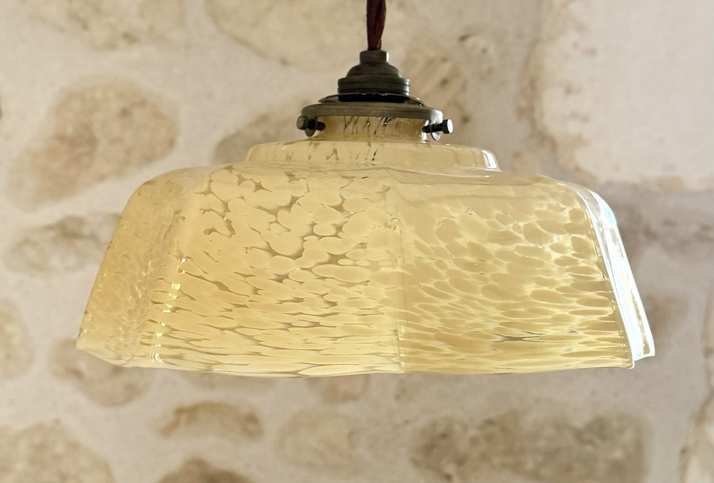 Vintage French marbled glass ceiling light shade pale yellow umbrella + fittings3