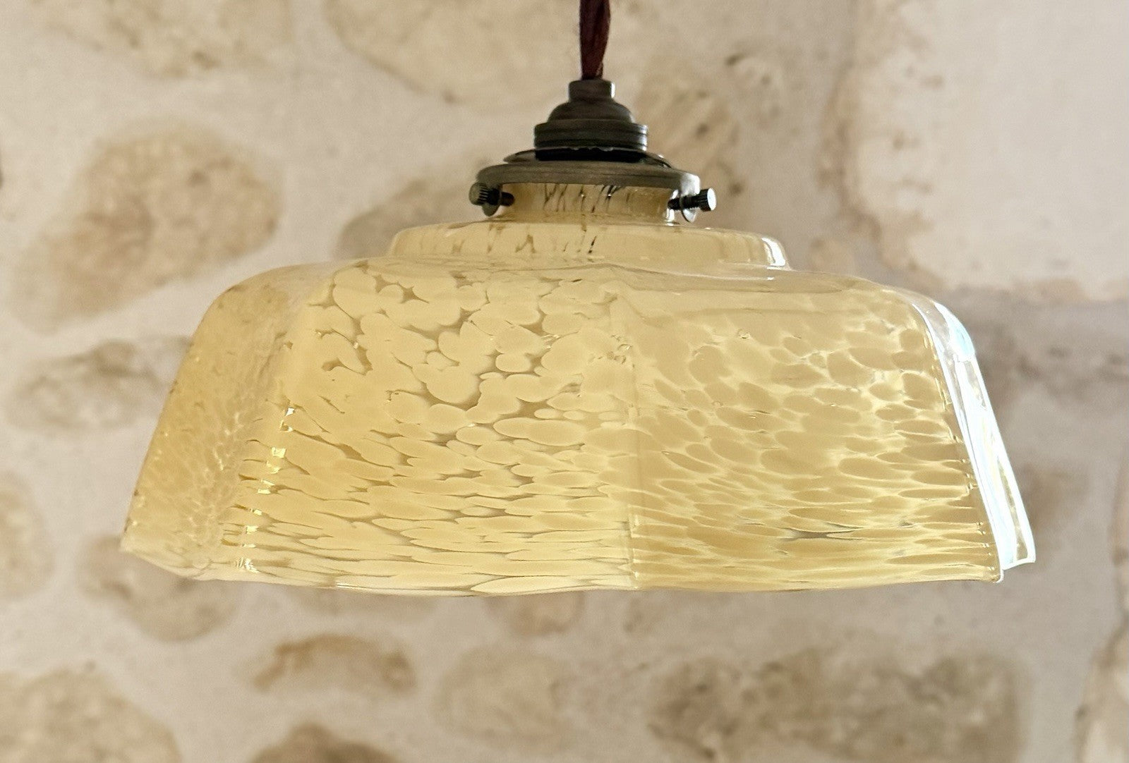 Vintage French marbled glass ceiling light shade pale yellow umbrella + fittings3