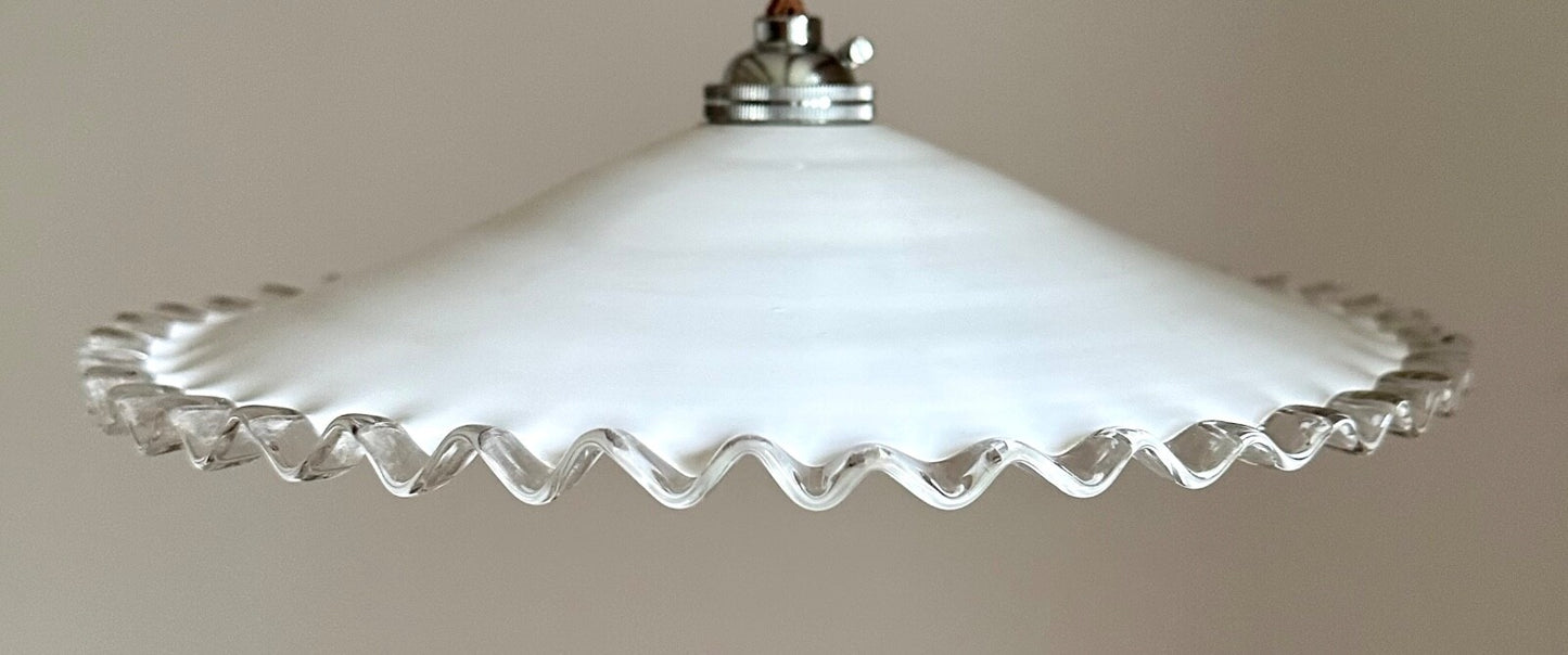 Vintage French opaline fused glass piecrust coolie ceiling light milk glass2