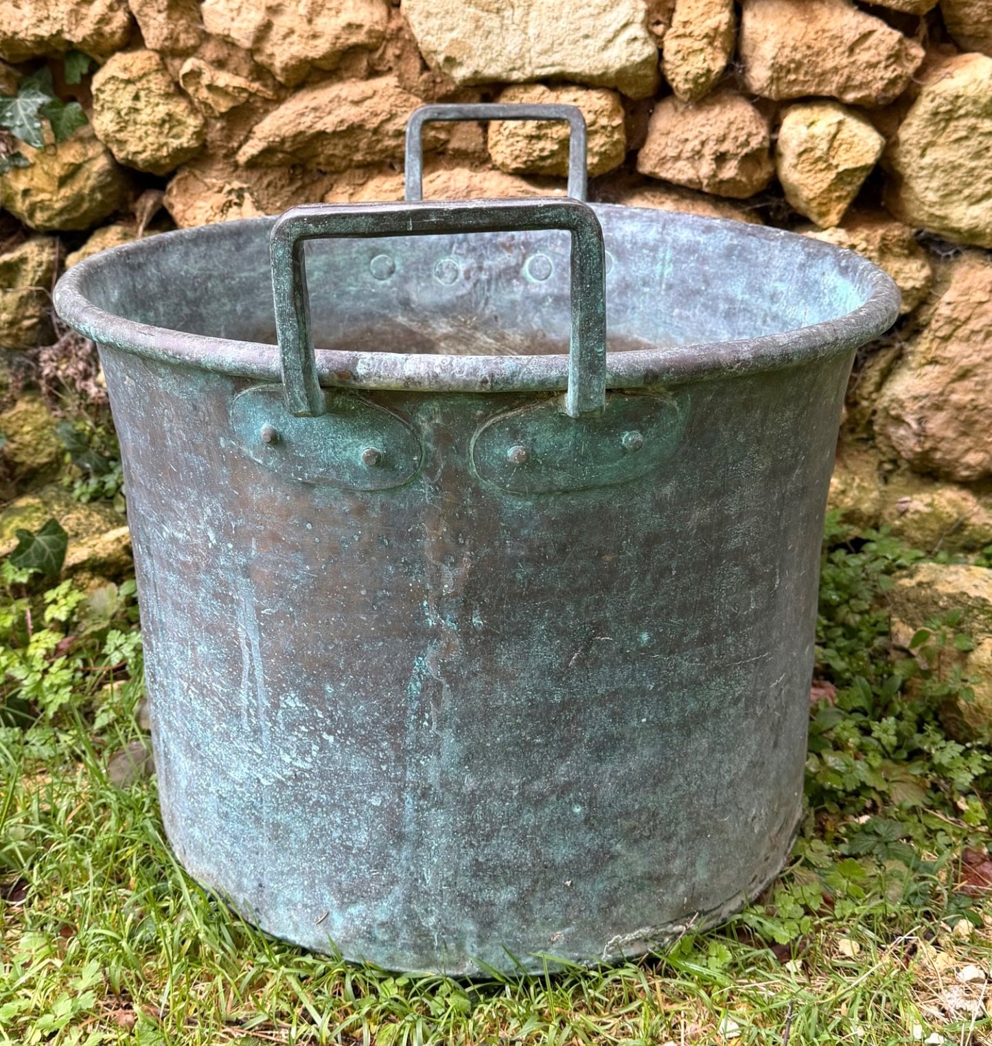 Large Antique French Copper Planter Handled Weathered Verdigree Tub Pot Log Bin6