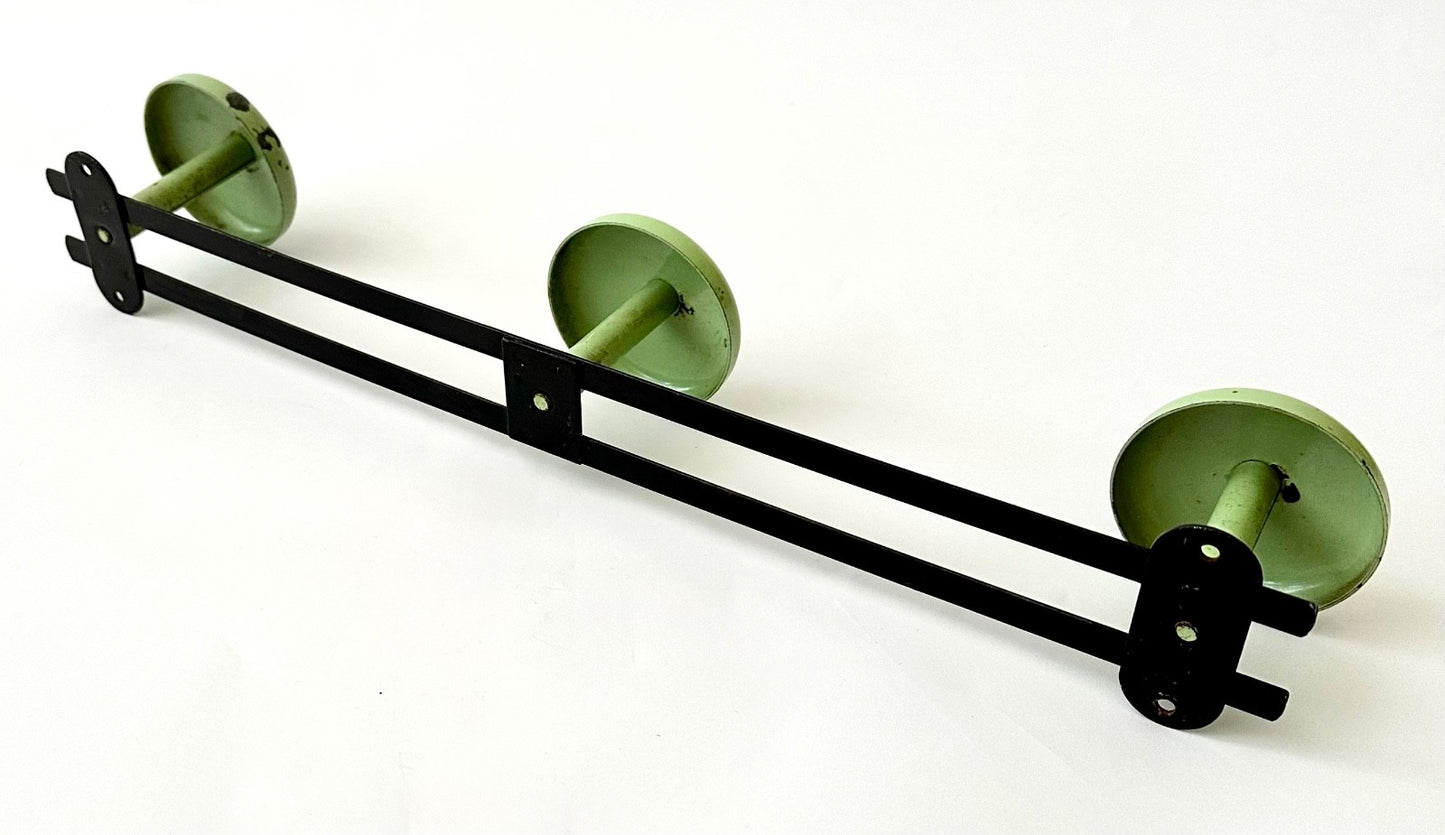 Row vintage French coat hooks pegs 43cm round green midcentury 50s 60s retro3