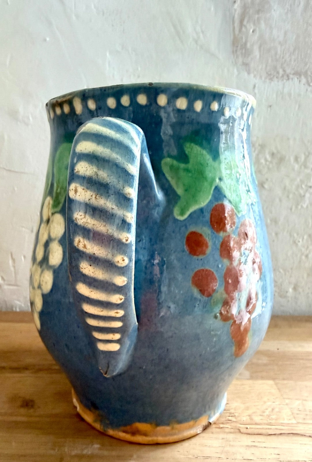 Large Antique 19th C French Jug Alsace Savoie Terracotta Pitcher Blue Decorated6