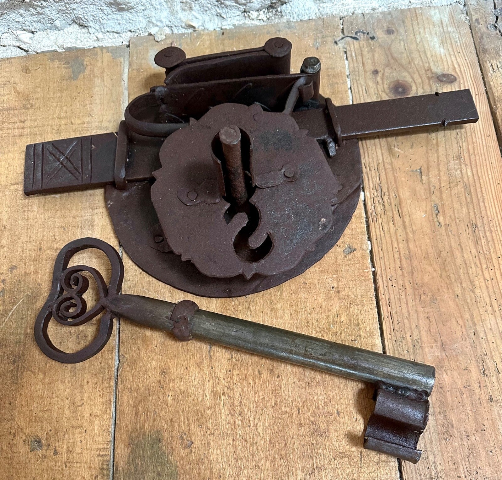 Huge antique French lock & key chateau hand forged wrought iron wishbone 18thC3