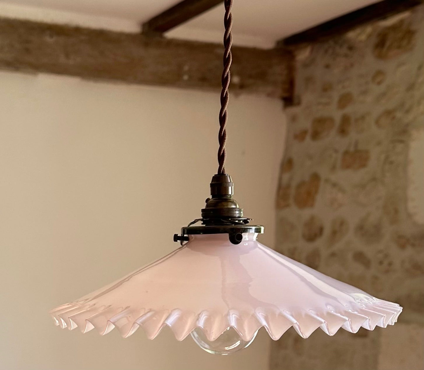 Vintage French opaline glass coolie pink piecrust ceiling light shade & fittings1