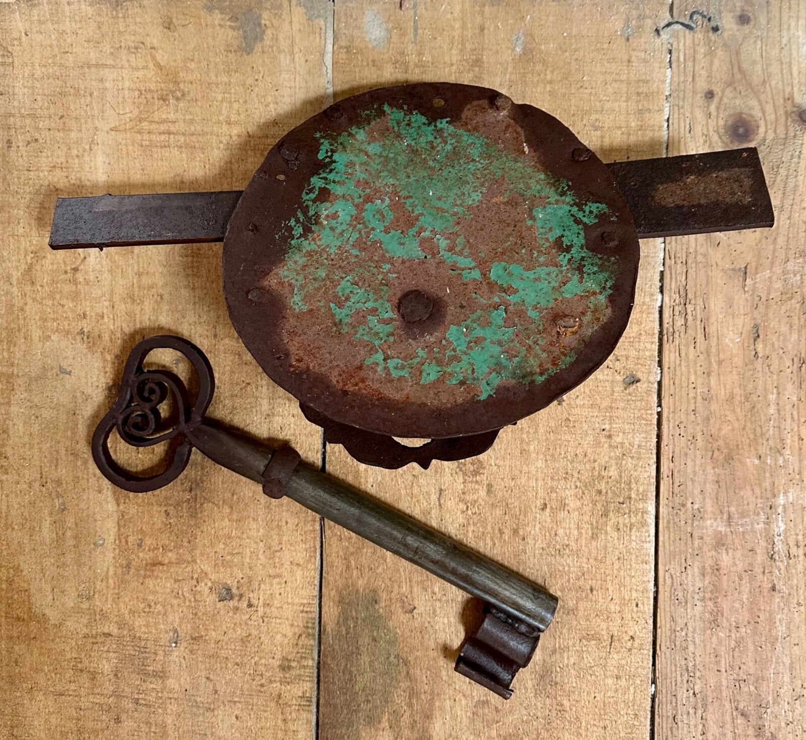 Huge antique French lock & key chateau hand forged wrought iron wishbone 18thC6