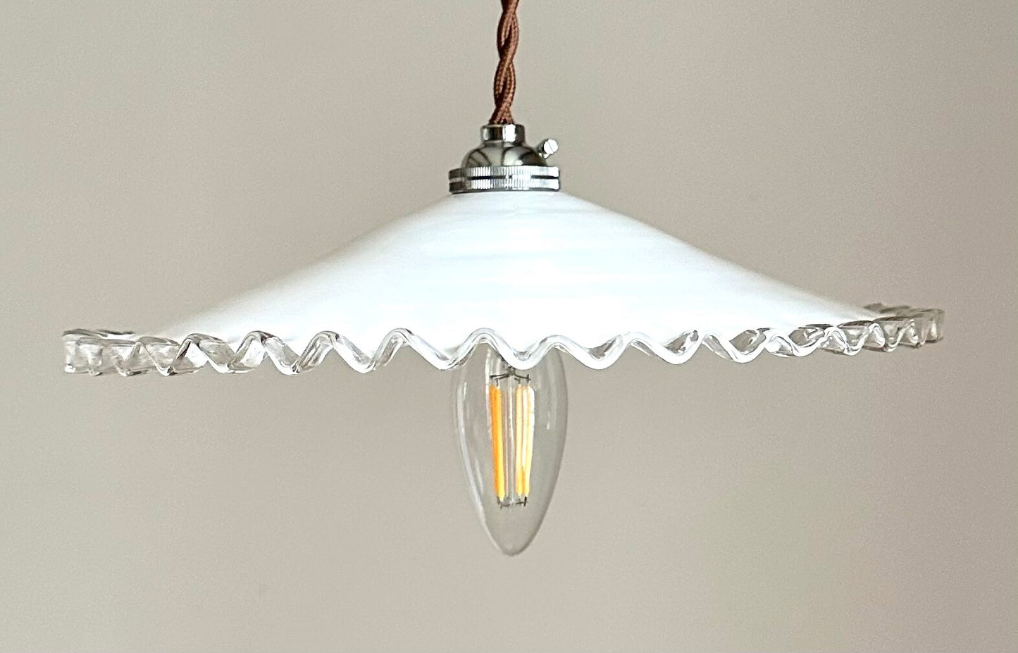 Vintage French opaline fused glass piecrust coolie ceiling light milk glass4
