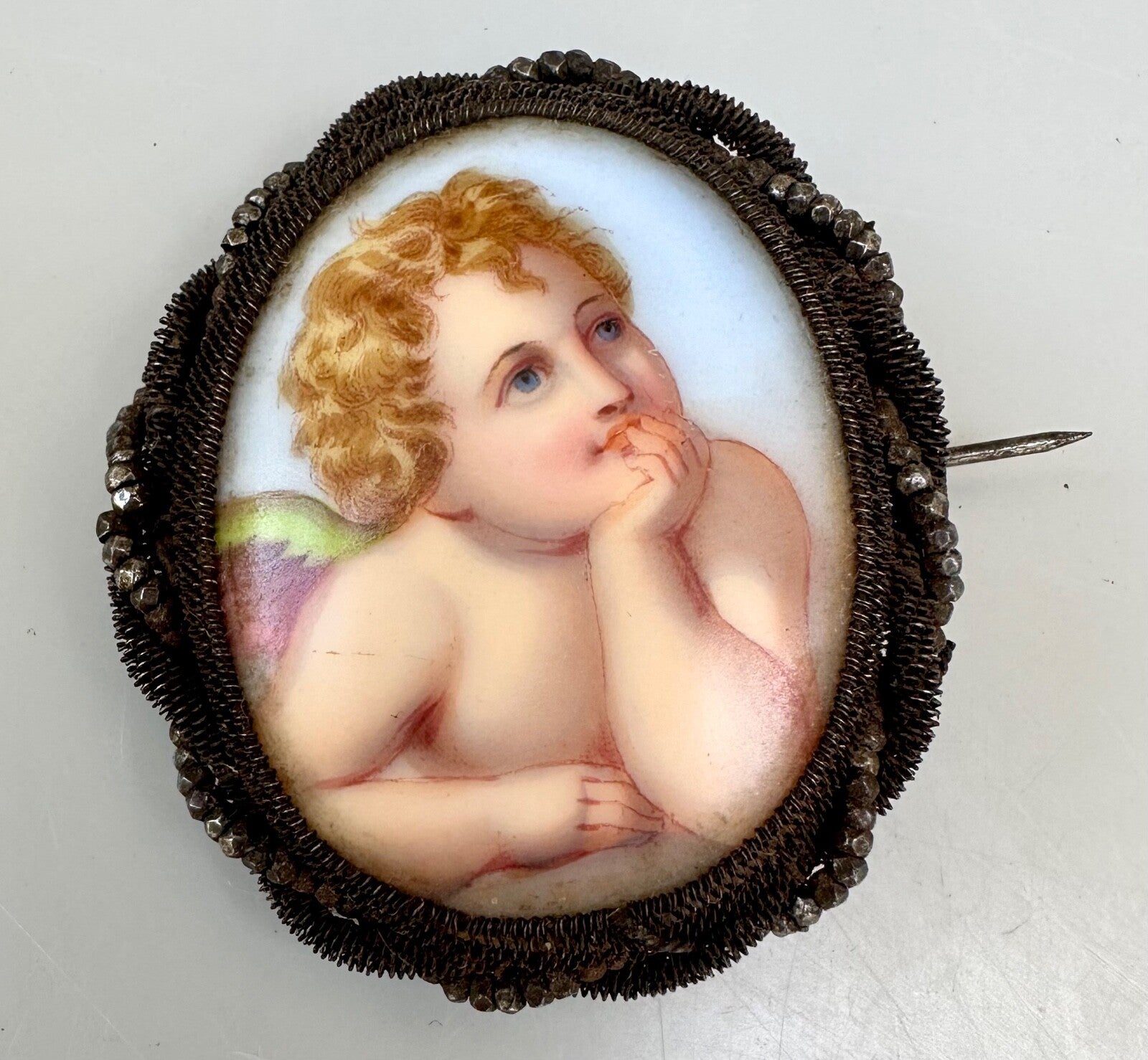 Antique Silesian wirework brooch handpainted cherub putti ceramic porcelain0