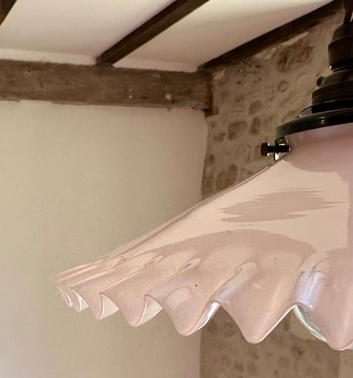 Vintage French opaline glass coolie pink piecrust ceiling light shade & fittings2