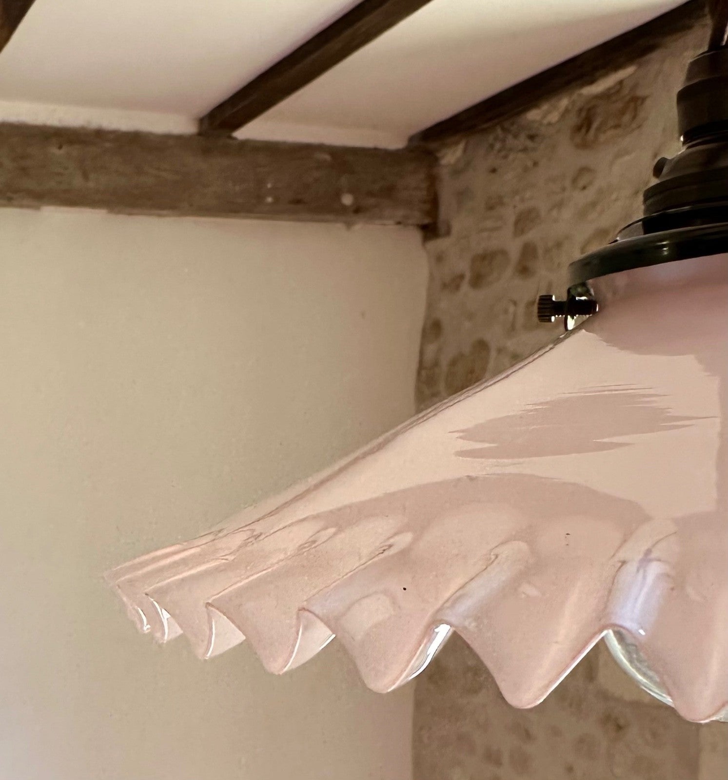 Vintage French opaline glass coolie pink piecrust ceiling light shade & fittings2